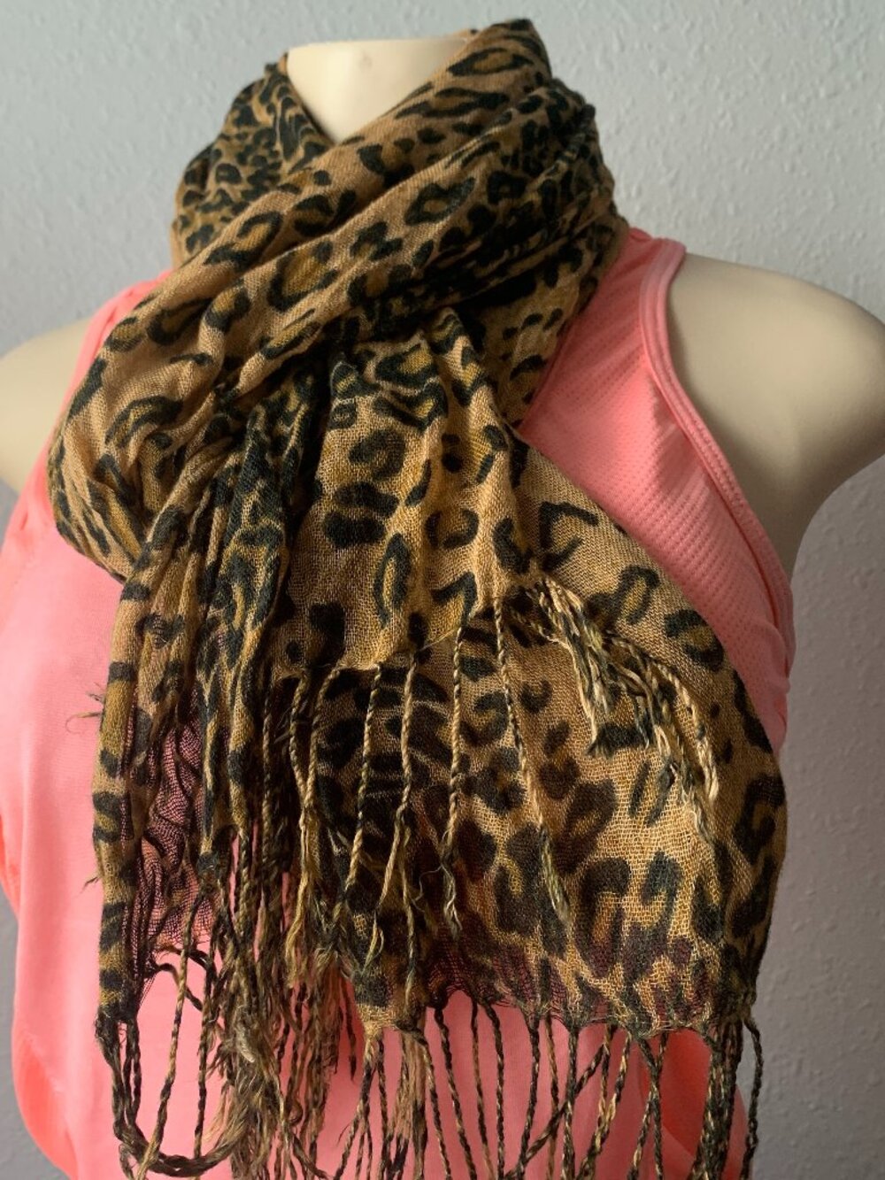 Womens Leopard Print Lightweight Oblong Fringe Scarf Brown Tan Black Animal Prin